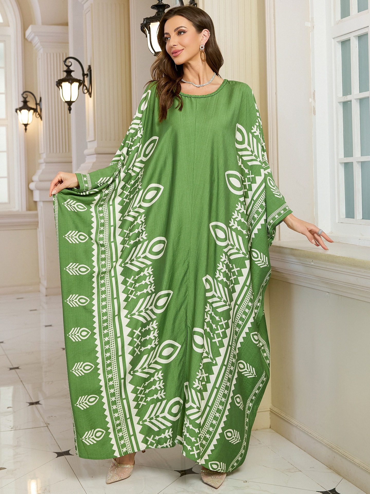 Geometric Pattern Kaftan Maxi Dress with Long Batwing Sleeves for Beach Cover Up